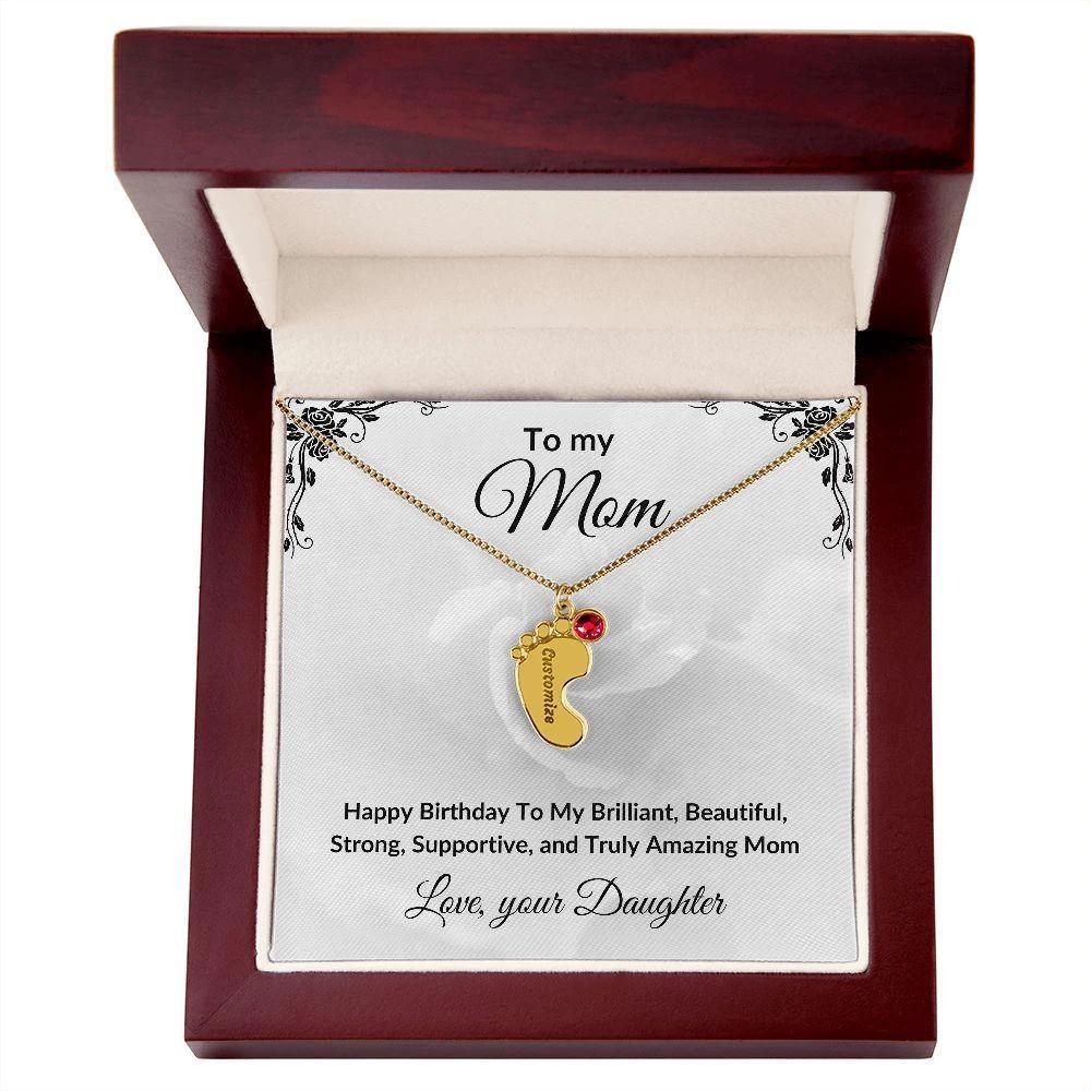 Mother Birthday Custom Engraved Birthstone Baby Feet Charm Necklace