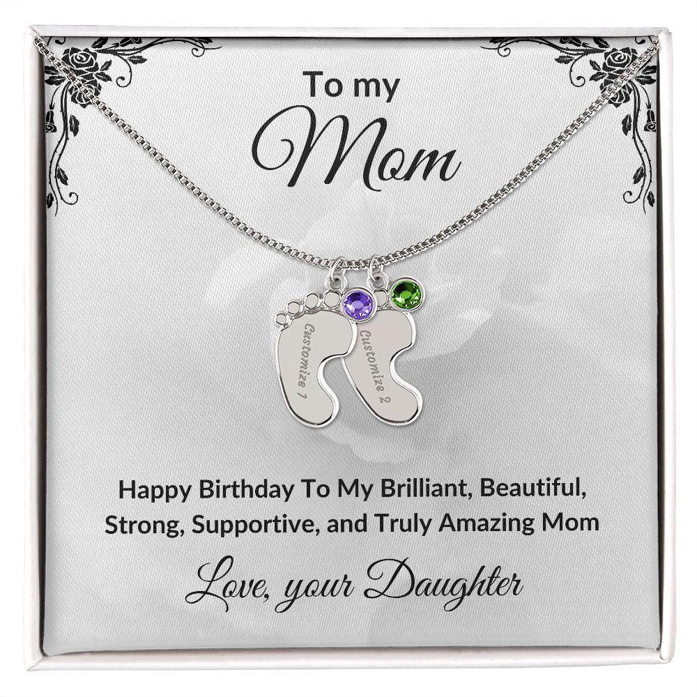 Mother Birthday Custom Engraved Birthstone Baby Feet Charm Necklace