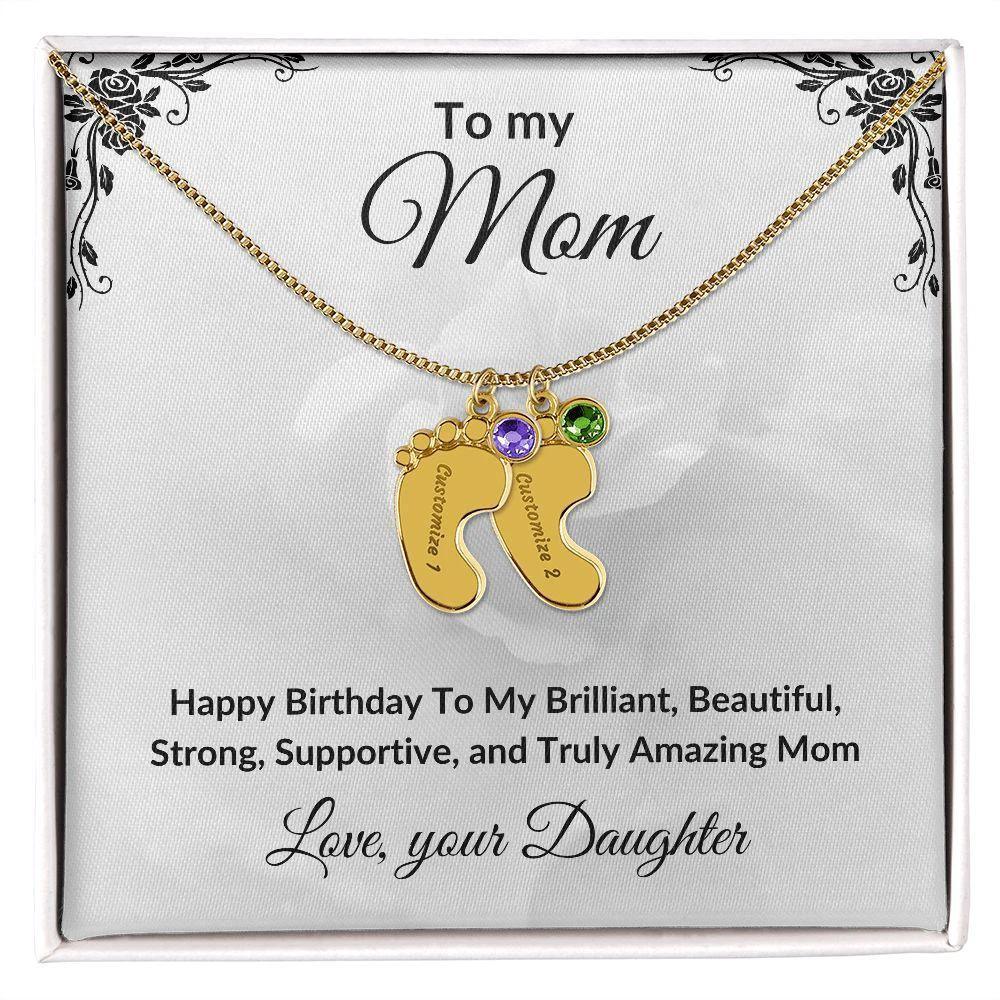 Mother Birthday Custom Engraved Birthstone Baby Feet Charm Necklace