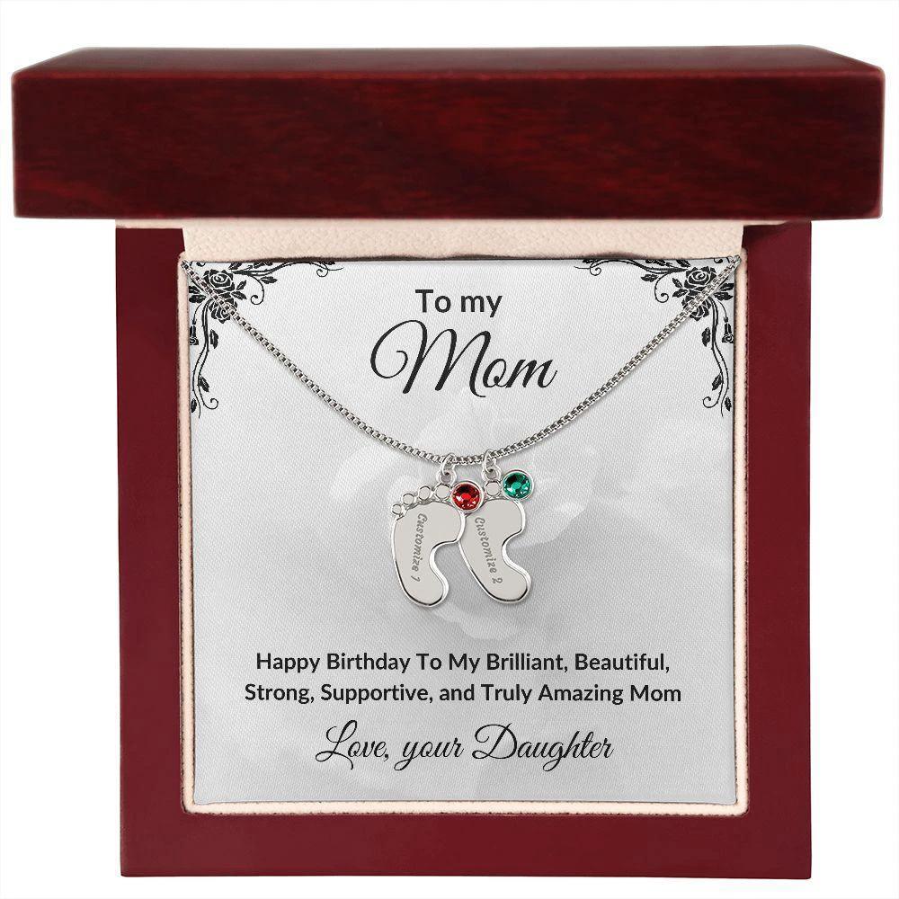 Mother Birthday Custom Engraved Birthstone Baby Feet Charm Necklace