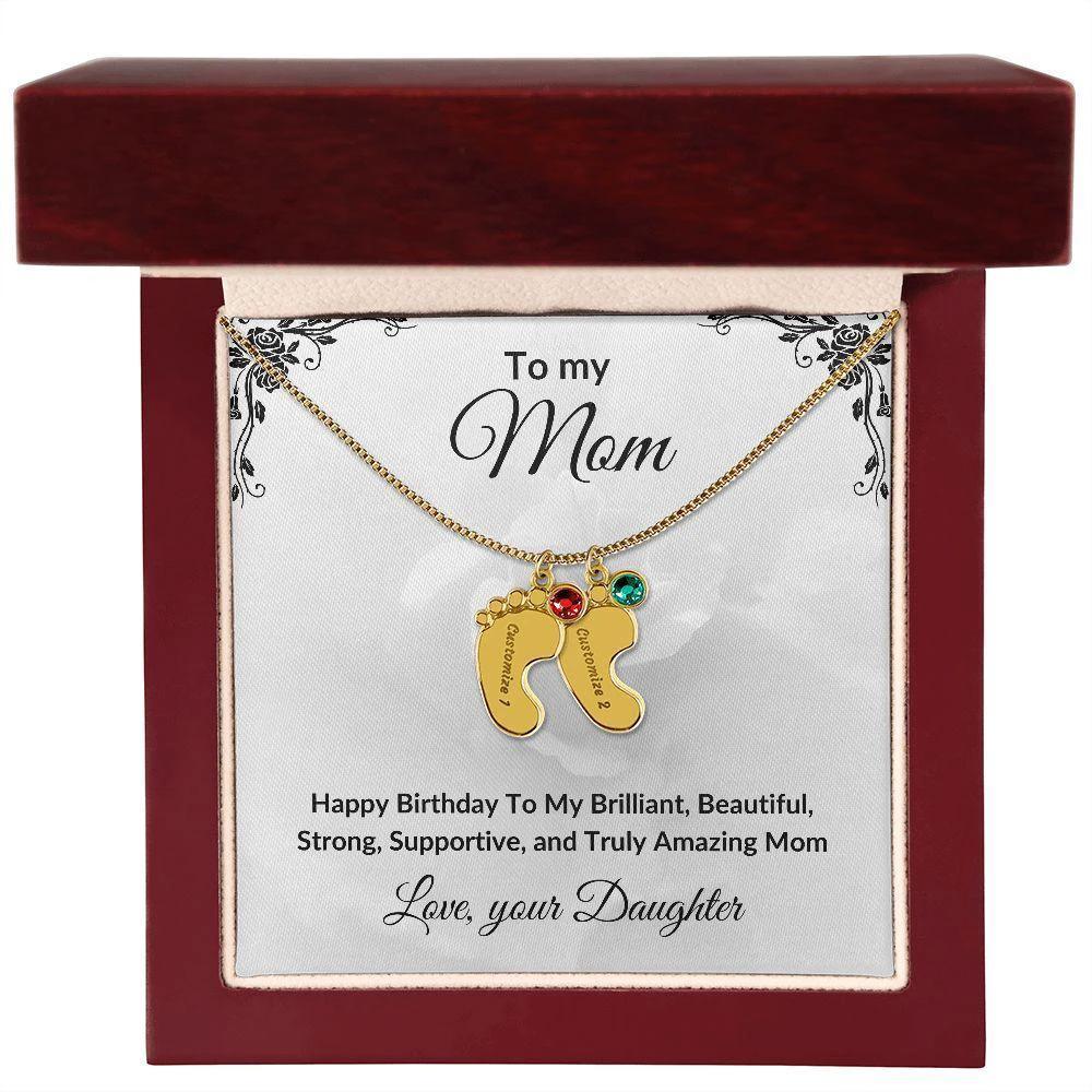 Mother Birthday Custom Engraved Birthstone Baby Feet Charm Necklace