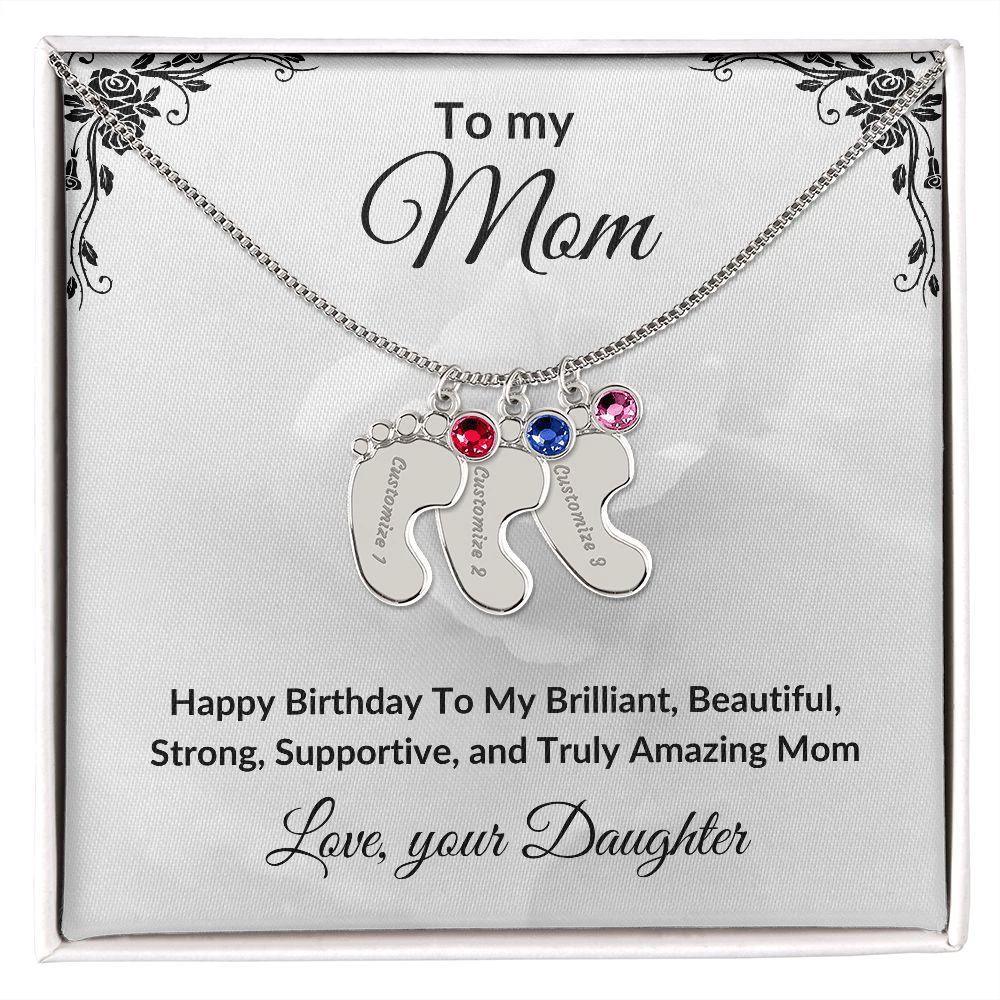 Mother Birthday Custom Engraved Birthstone Baby Feet Charm Necklace