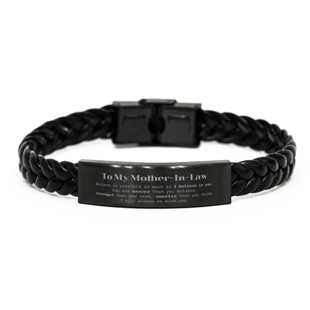 Mother-In-Law Braided Leather Bracelet Gifts, To My Mother-In-Law You are braver than you believe, stronger than you seem, Inspirational Gifts For Mother-In-Law Engraved, Birthday, Christmas Gifts For Mother-In-Law Men Women