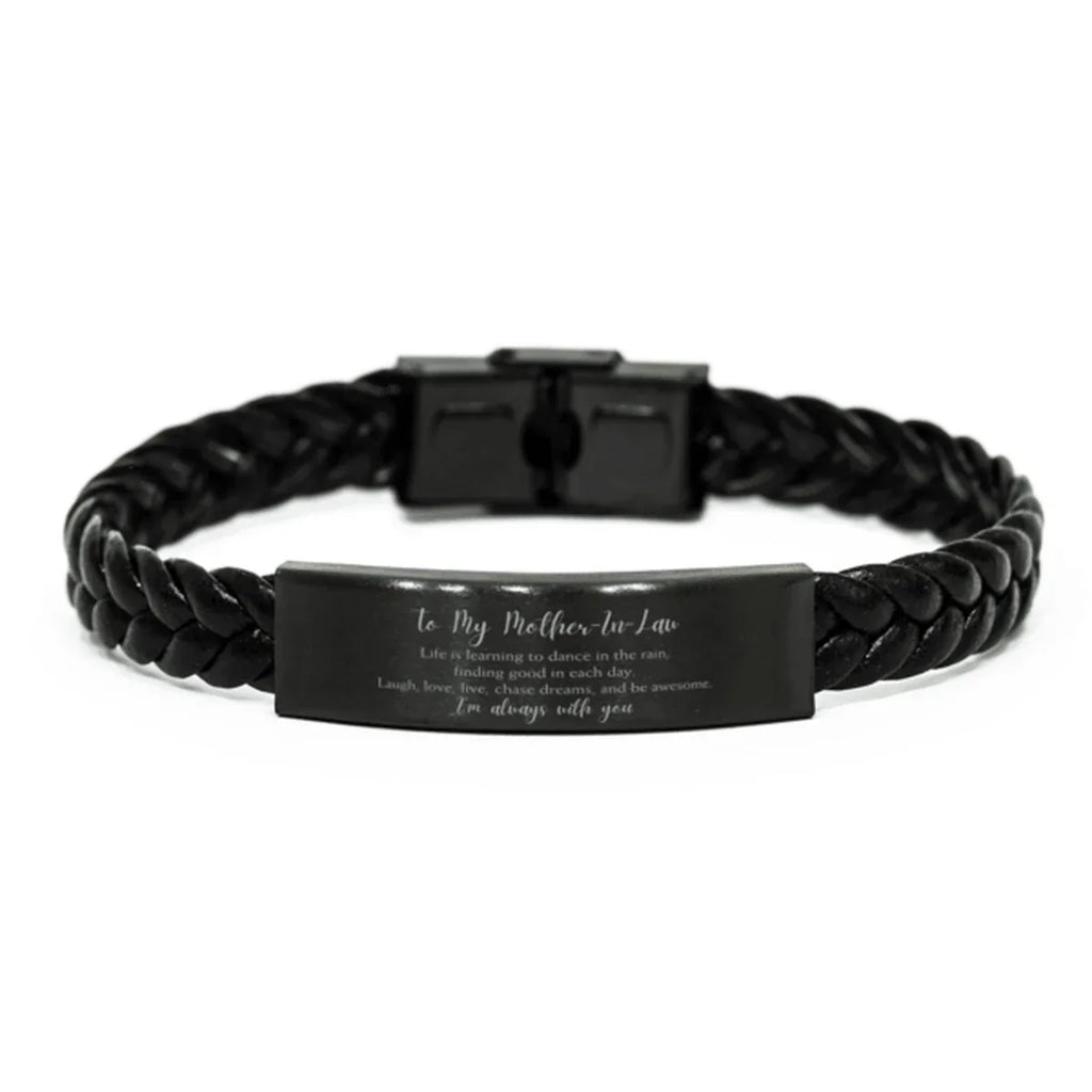 Mother-In-Law Braided Leather Bracelet Life is Learning to Dance in the Rain - Birthday, Christmas Holiday Gifts