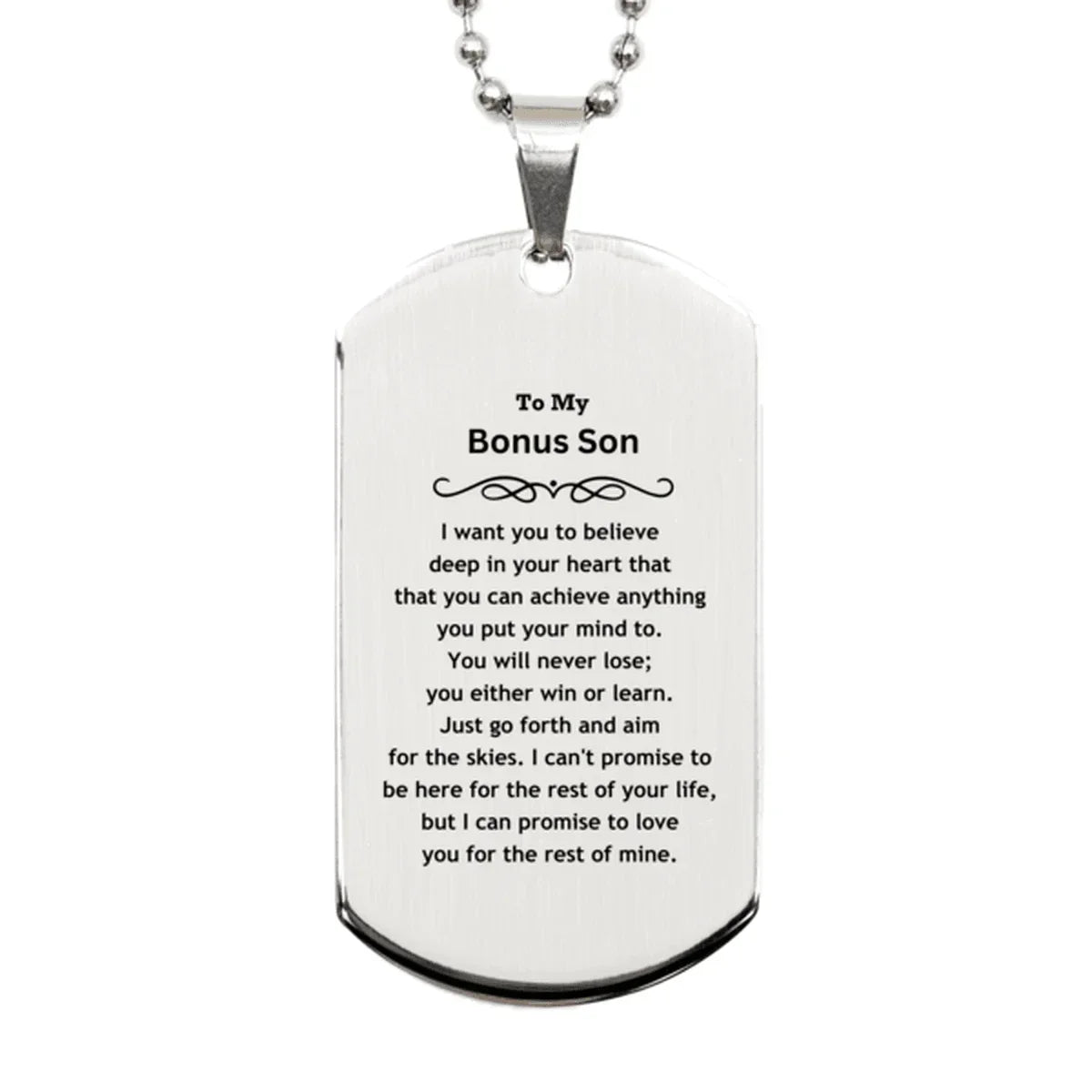 Motivational Bonus Son Silver Dog Tag Engraved Necklace, I can promise to love you for the rest of my life, Birthday Christmas Jewelry Gift