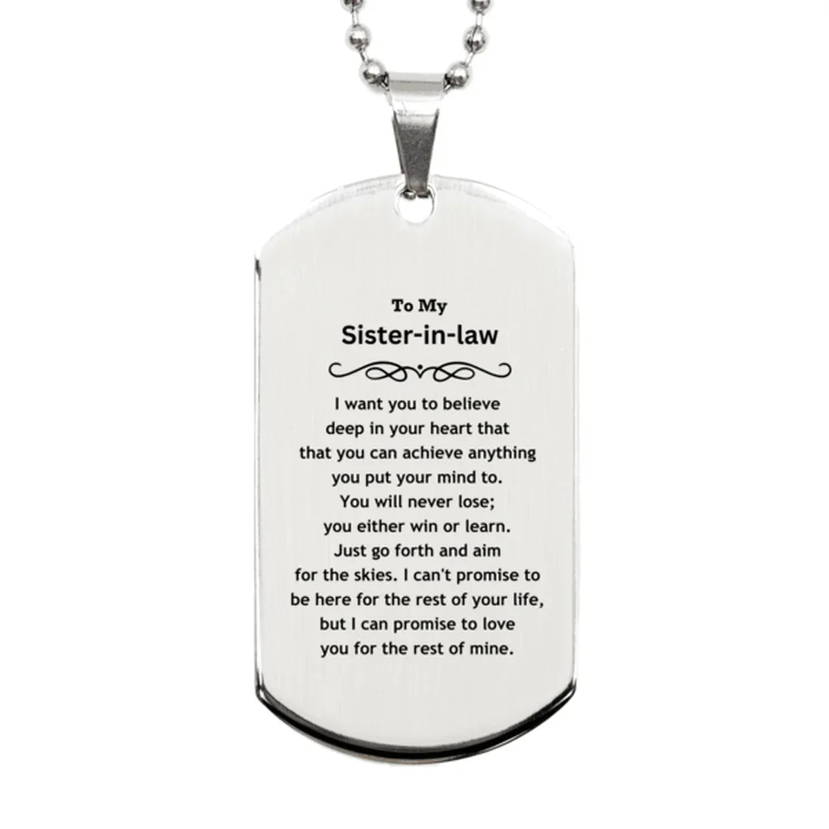 Motivational Sister-in-law Silver Dog Tag Engraved Necklace, I can promise to love you for the rest of my life, Birthday Christmas Jewelry Gift