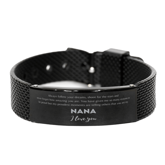 Nana Handmade Black Shark Mesh Engraved Bracelet - Always Follow your Dreams - Birthday, Christmas Holiday Jewelry Gift - Mallard Moon Gift Shop