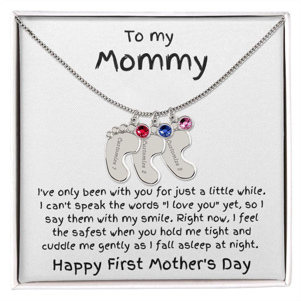 New Mom First Mother's Day Gift Baby Feet Engraved Charm Necklace with Birthstone