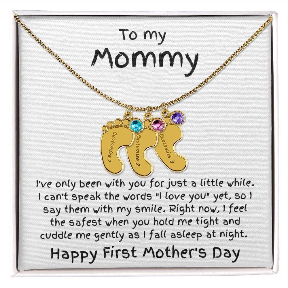 New Mom First Mother's Day Gift Baby Feet Engraved Charm Necklace with Birthstone