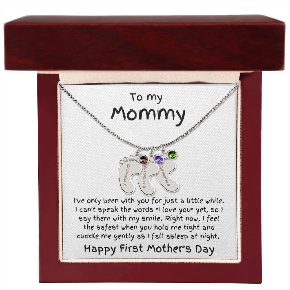 New Mom First Mother's Day Gift Baby Feet Engraved Charm Necklace with Birthstone