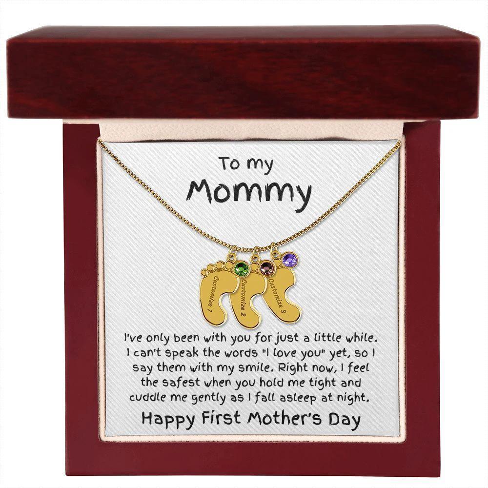 New Mom First Mother's Day Gift Baby Feet Engraved Charm Necklace with Birthstone