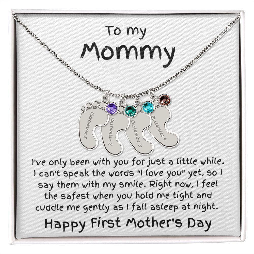 New Mom First Mother's Day Gift Baby Feet Engraved Charm Necklace with Birthstone