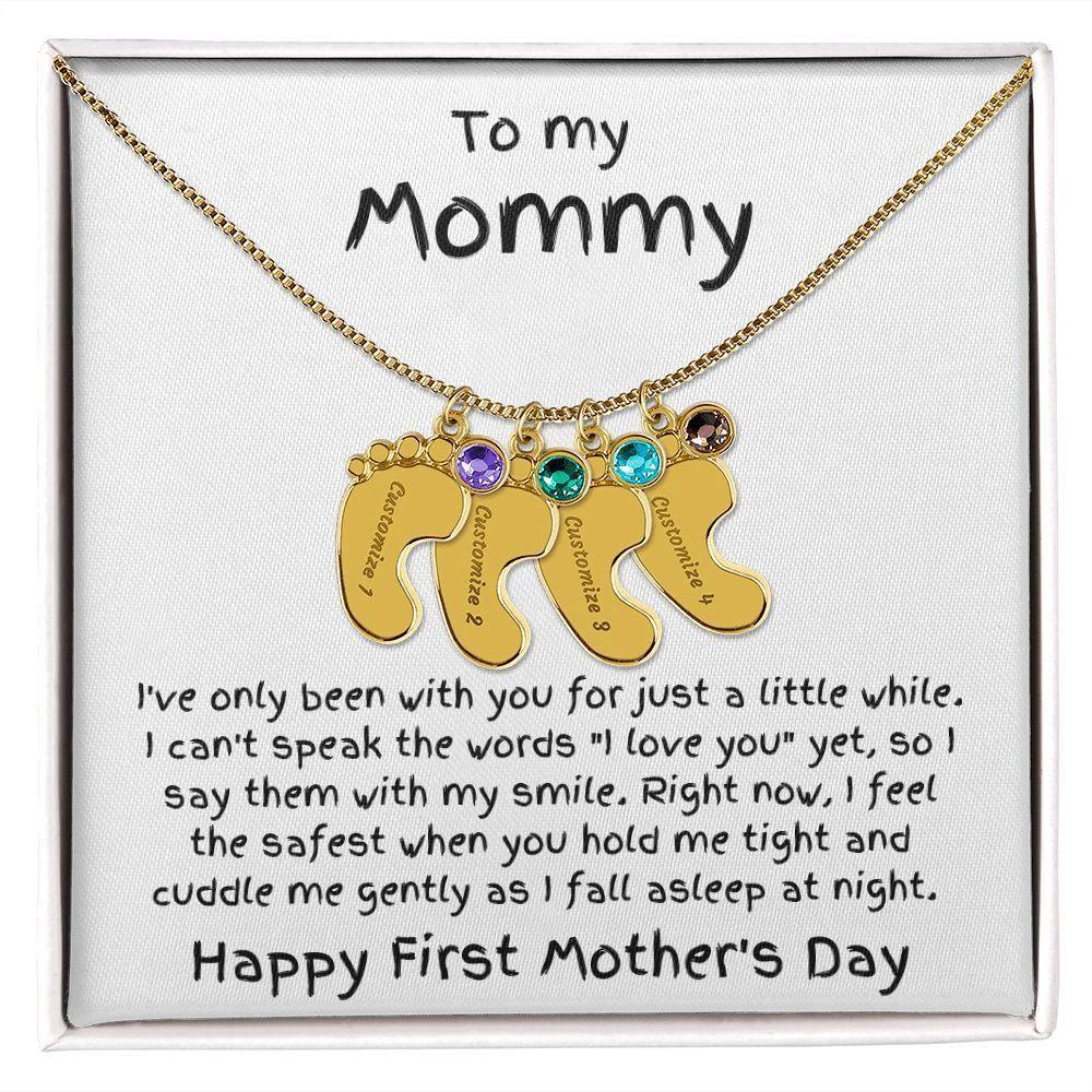 New Mom First Mother's Day Gift Baby Feet Engraved Charm Necklace with Birthstone