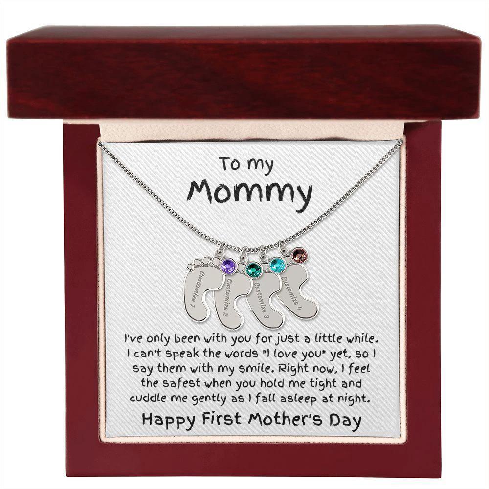 New Mom First Mother's Day Gift Baby Feet Engraved Charm Necklace with Birthstone