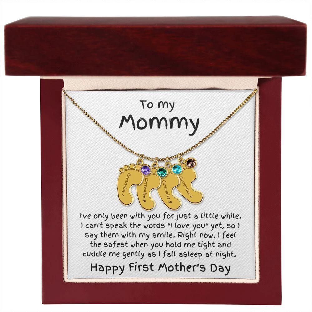 New Mom First Mother's Day Gift Baby Feet Engraved Charm Necklace with Birthstone
