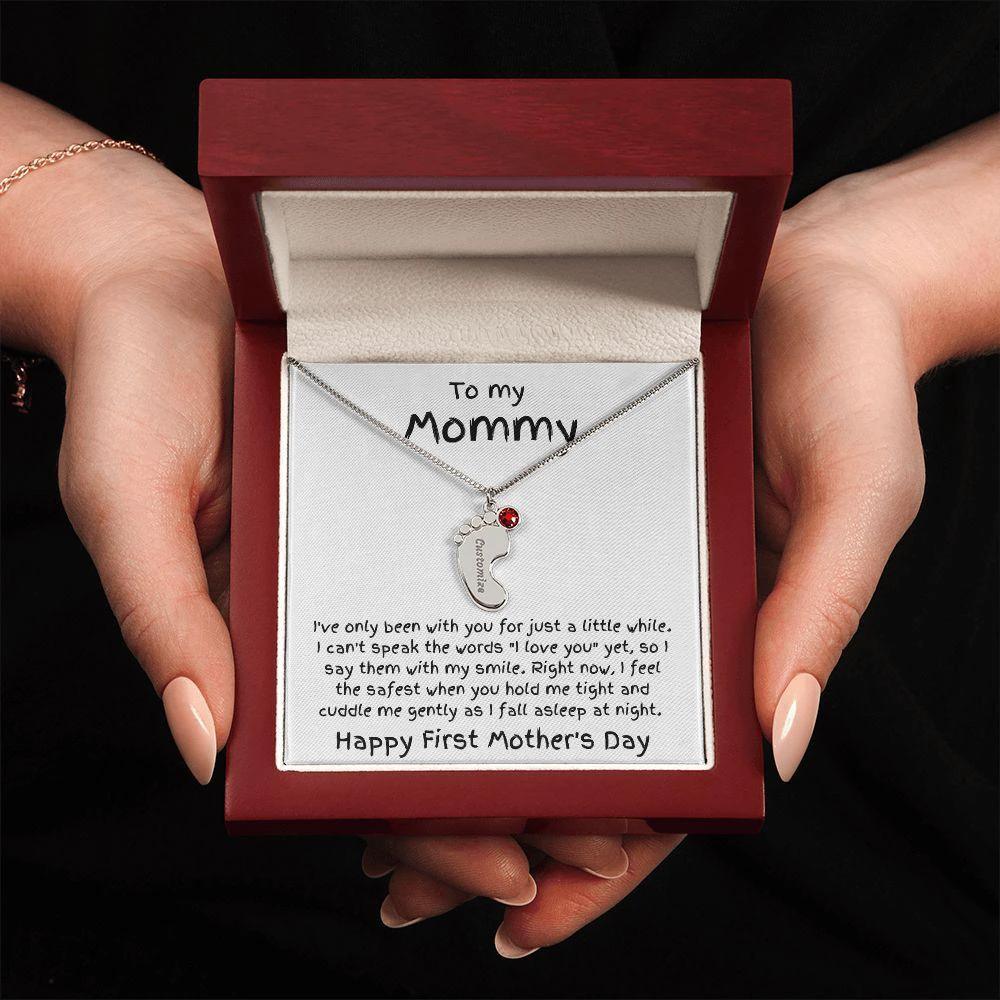 New Mom First Mother's Day Gift Baby Feet Engraved Charm Necklace with Birthstone