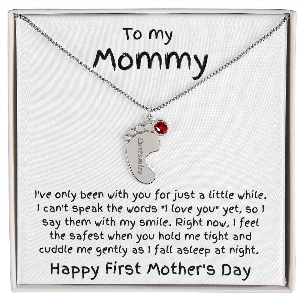 New Mom First Mother's Day Gift Baby Feet Engraved Charm Necklace with Birthstone