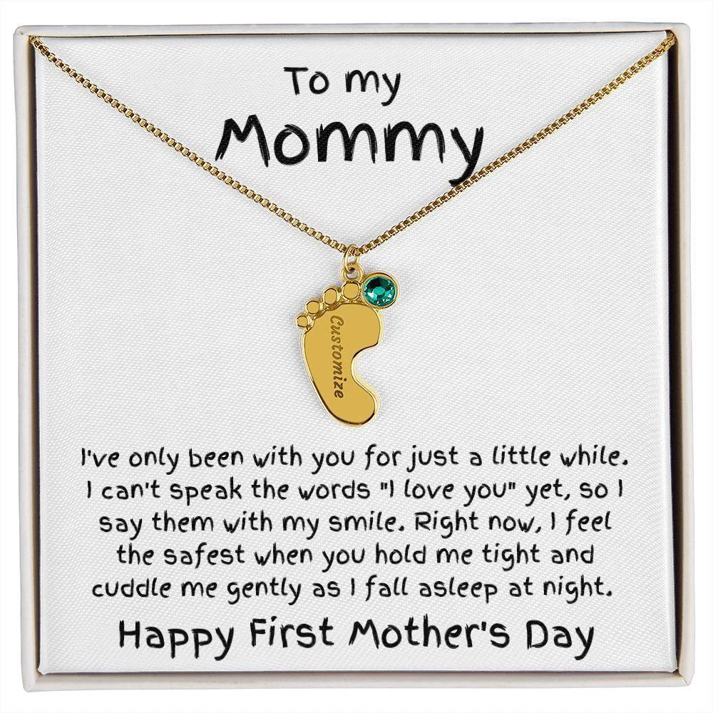 New Mom First Mother's Day Gift Baby Feet Engraved Charm Necklace with Birthstone