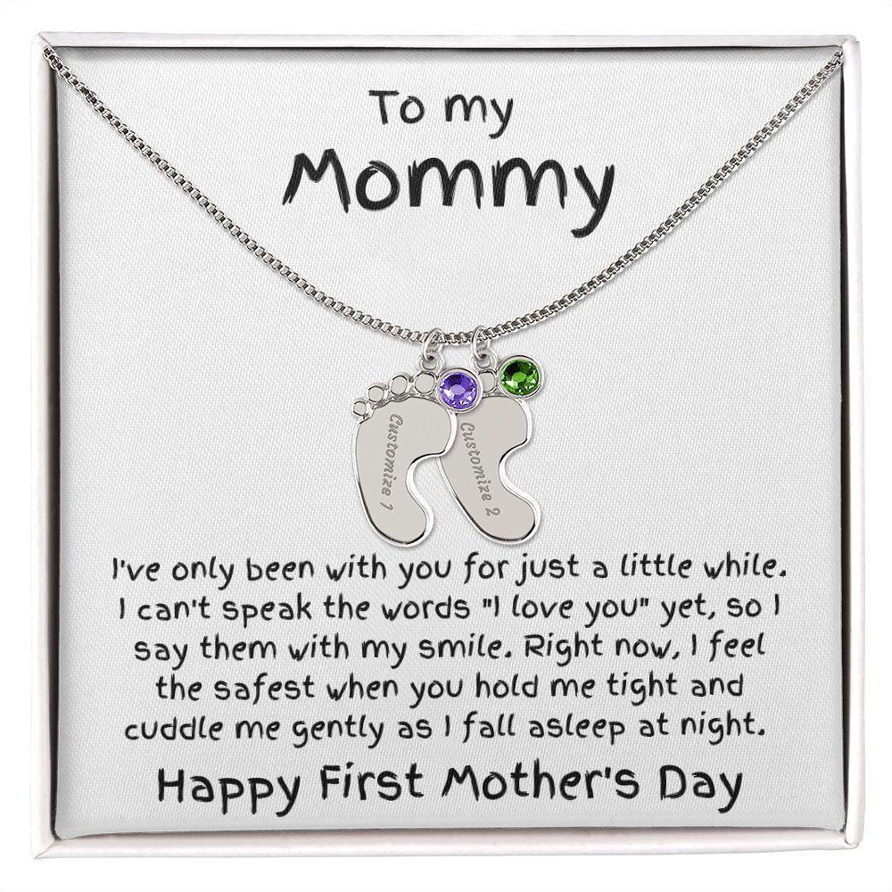 New Mom First Mother's Day Gift Baby Feet Engraved Charm Necklace with Birthstone