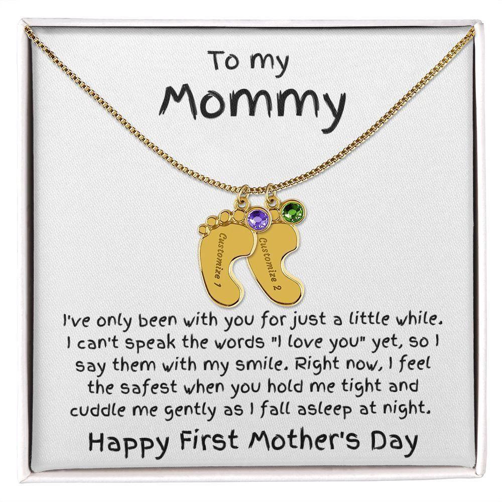 New Mom First Mother's Day Gift Baby Feet Engraved Charm Necklace with Birthstone