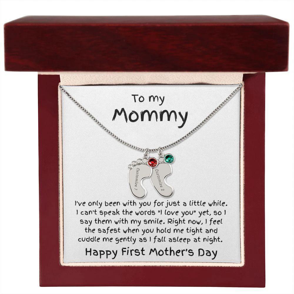 New Mom First Mother's Day Gift Baby Feet Engraved Charm Necklace with Birthstone