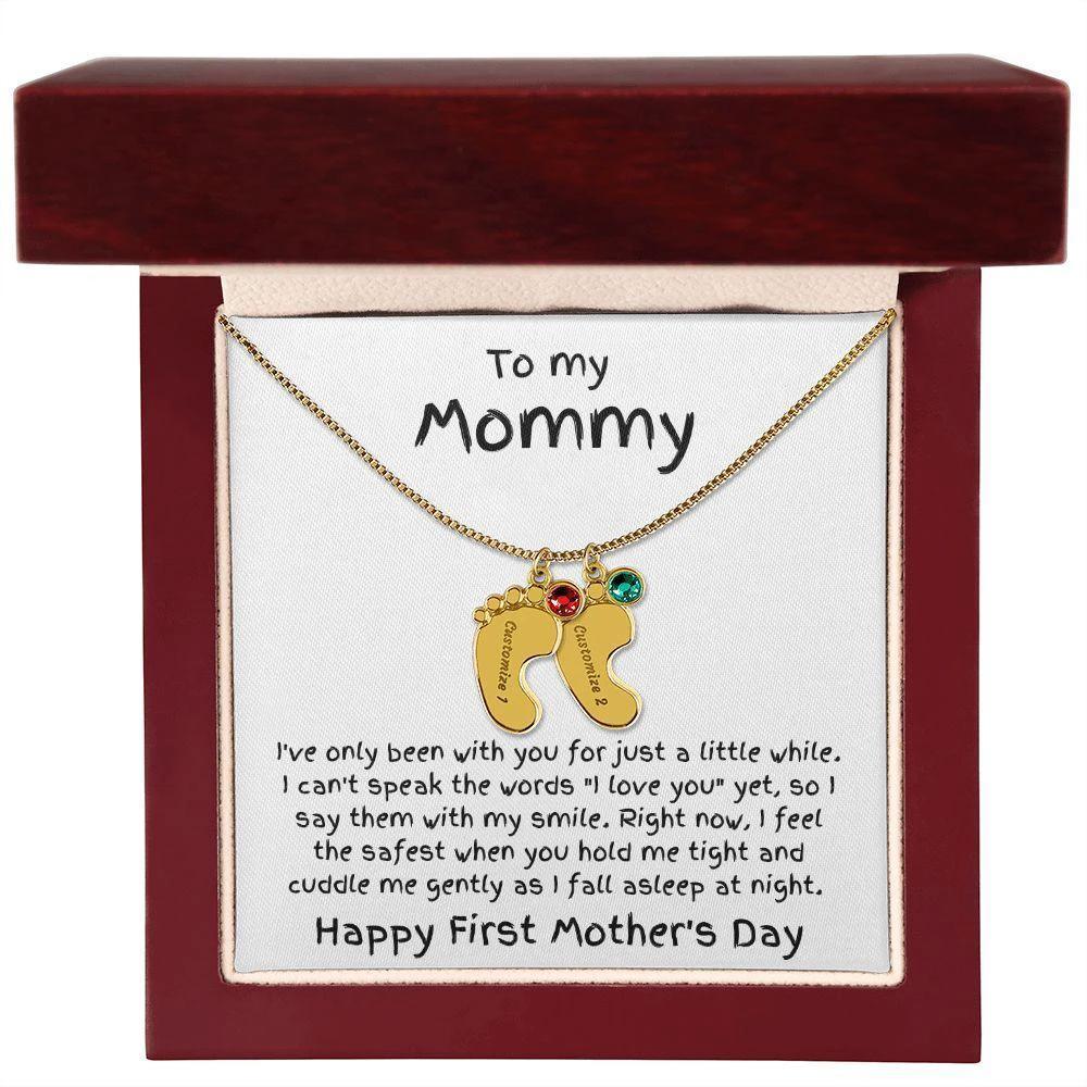 New Mom First Mother's Day Gift Baby Feet Engraved Charm Necklace with Birthstone