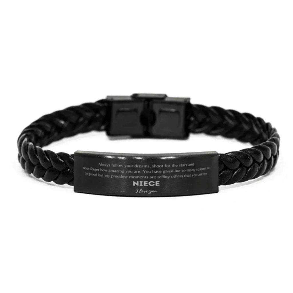 Niece Braided Leather Engraved Bracelet - Always Follow your Dreams - Birthday, Christmas Holiday Jewelry Gift