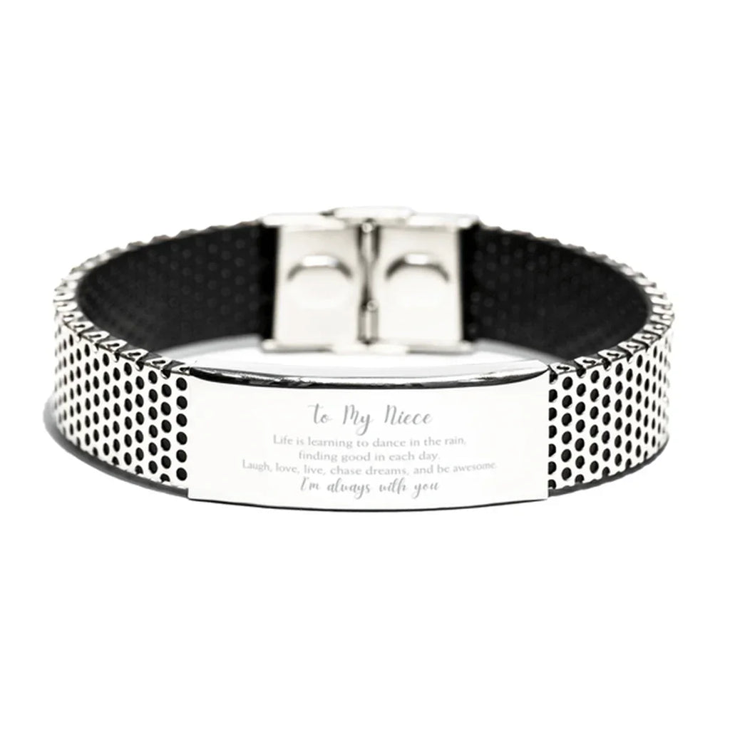 Niece Christmas Perfect Gifts, Niece Stainless Steel Bracelet, Motivational Niece Engraved Gifts, Birthday Gifts For Niece, To My Niece Life is learning to dance in the rain,. I'm always with you