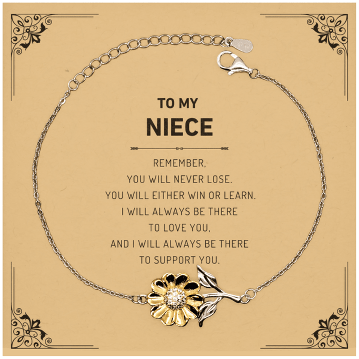 Niece Gifts, To My Niece Remember, you will never lose. You will either WIN or LEARN, Keepsake Sunflower Bracelet For Niece Card, Birthday Christmas Gifts Ideas For Niece X-mas Gifts - Mallard Moon Gift Shop