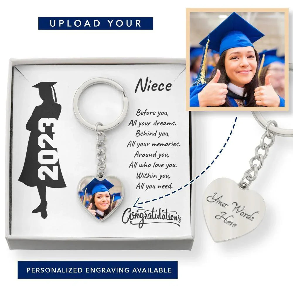 Niece Graduation Gift - Before You All Your Dreams Photo Upload Engraved Heart Keychain
