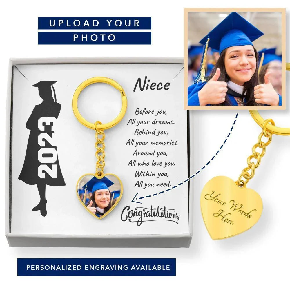 Niece Graduation Gift - Before You All Your Dreams Photo Upload Engraved Heart Keychain