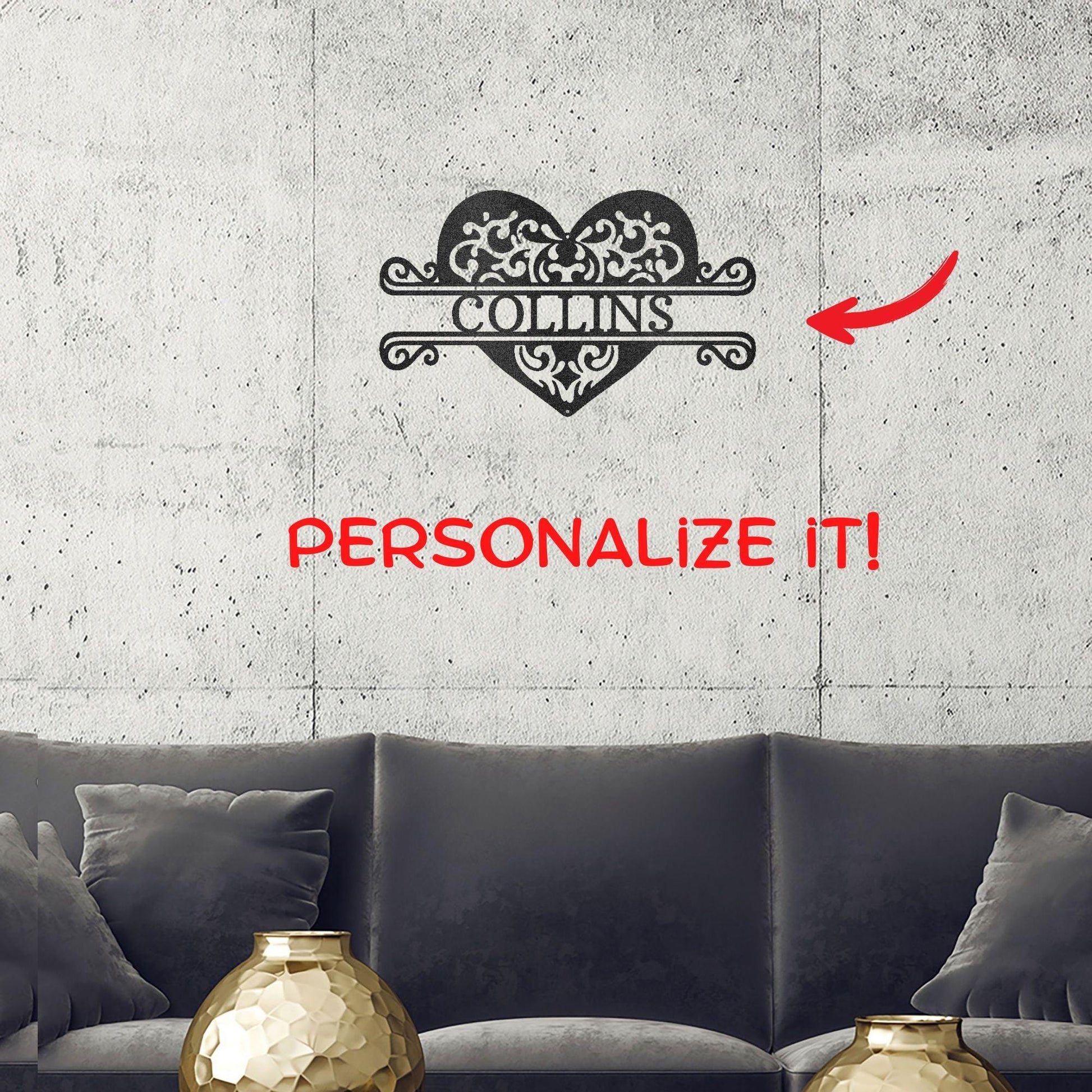 Fancy Heart Custom Name Steel Wall Sign - Mallard Moon Gift Shop