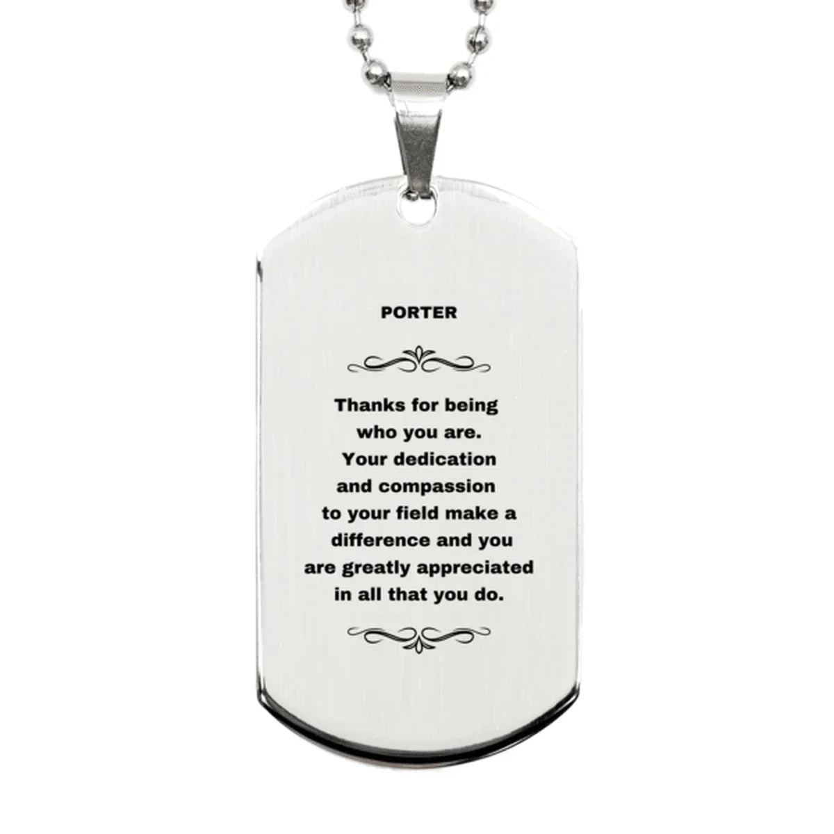 Porter Silver Dog Tag Engraved Necklace - Thanks for being who you are - Birthday Christmas Jewelry Gifts Coworkers Colleague Boss