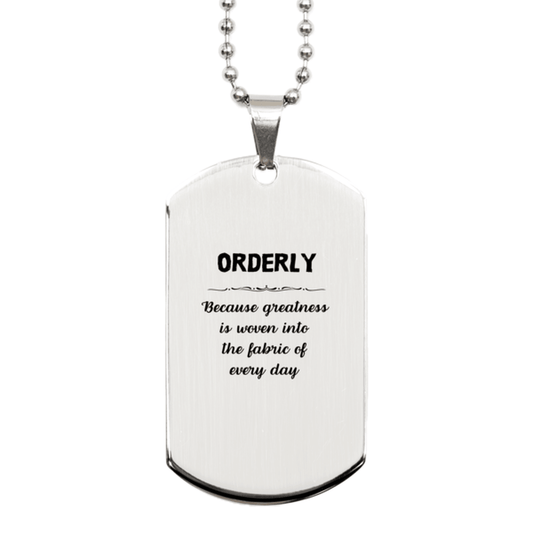 Sarcastic Orderly Silver Dog Tag Gifts, Christmas Holiday Gifts for Orderly Birthday, Orderly: Because greatness is woven into the fabric of every day, Coworkers, Friends - Mallard Moon Gift Shop