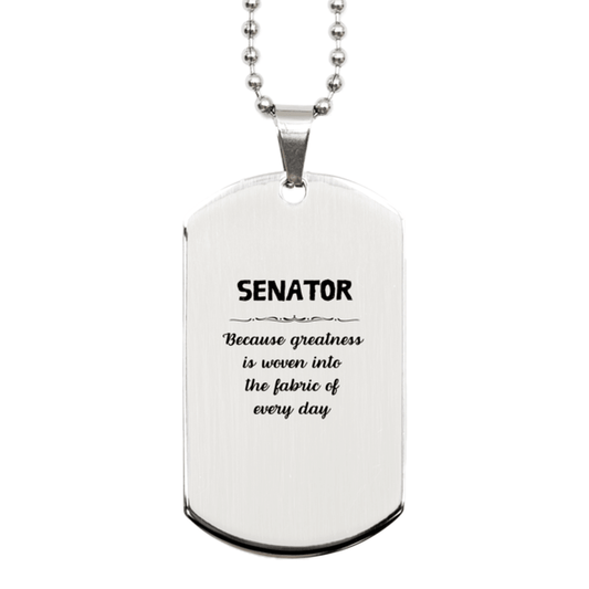 Sarcastic Senator Silver Dog Tag Gifts, Christmas Holiday Gifts for Senator Birthday, Senator: Because greatness is woven into the fabric of every day, Coworkers, Friends - Mallard Moon Gift Shop