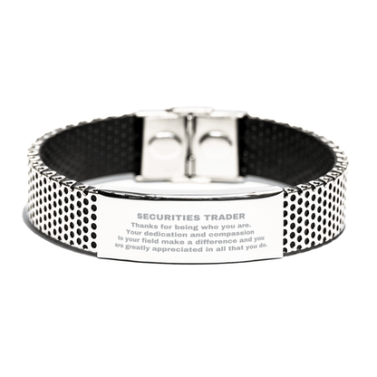 Securities Trader Silver Shark Mesh Stainless Steel Engraved Bracelet - Thanks for being who you are - Birthday Christmas Jewelry Gifts Coworkers Colleague Boss - Mallard Moon Gift Shop