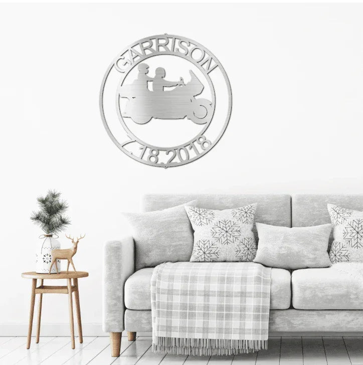 Motorcycle Couple Cruising Custom Name Metal Art Wall Sign
