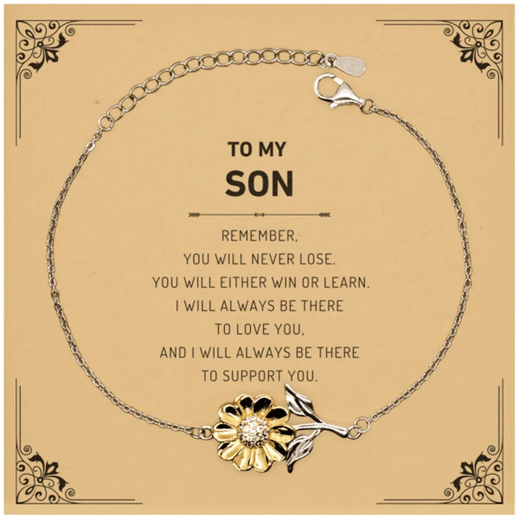Son Gifts, To My Son Remember, you will never lose. You will either WIN or LEARN, Keepsake Sunflower Bracelet For Son Card, Birthday Christmas Gifts Ideas For Son X-mas Gifts
