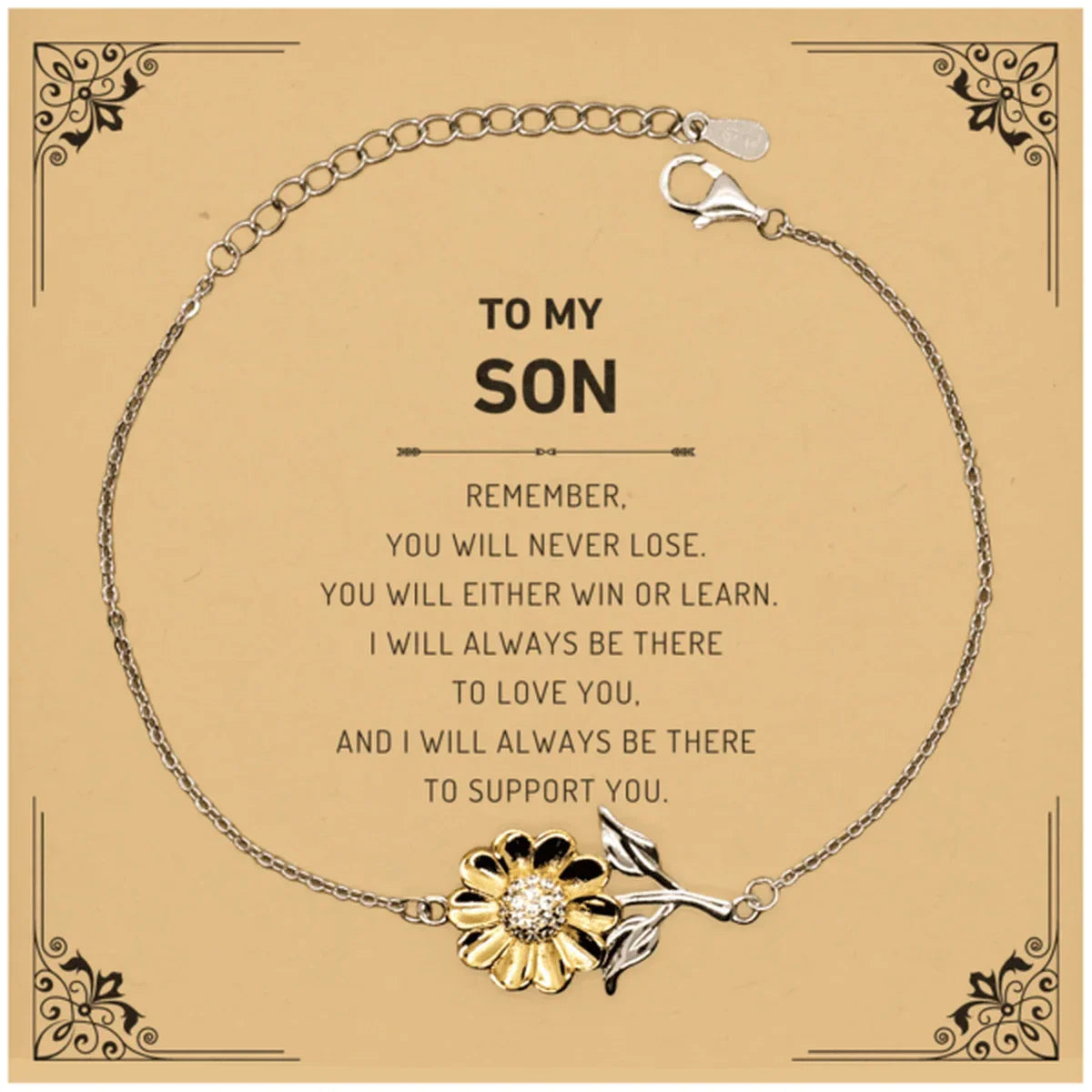 Son Gifts, To My Son Remember, you will never lose. You will either WIN or LEARN, Keepsake Sunflower Bracelet For Son Card, Birthday Christmas Gifts Ideas For Son X-mas Gifts