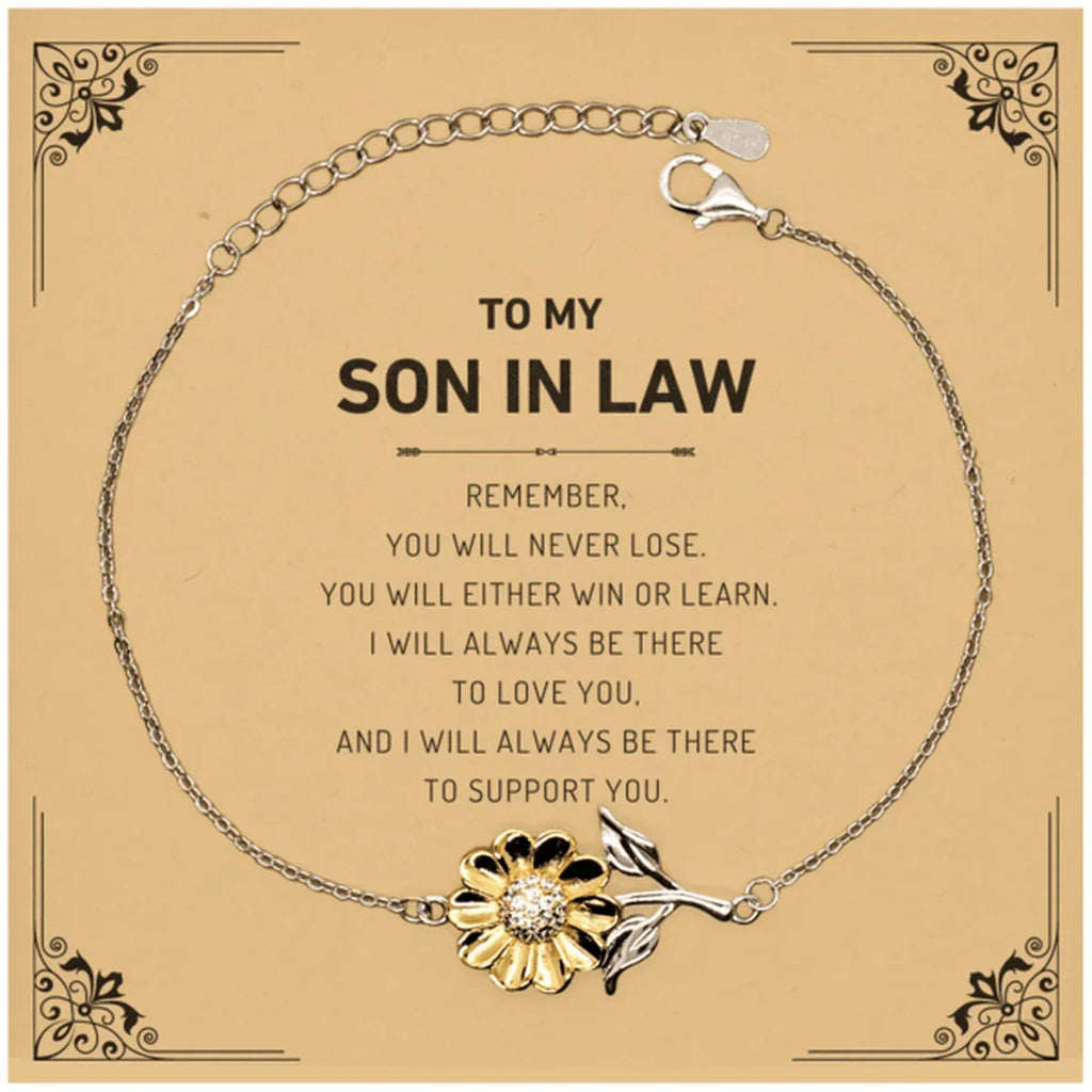 Son In Law Gifts, To My Son In Law Remember, you will never lose. You will either WIN or LEARN, Keepsake Sunflower Bracelet For Son In Law Card, Birthday Christmas Gifts Ideas For Son In Law X-mas Gifts