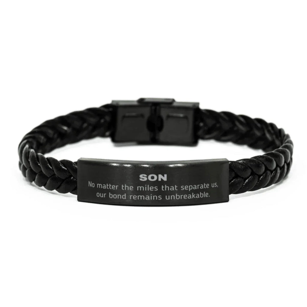 Son Long Distance Relationship Gifts, No matter the miles that separate us, Cute Love Braided Leather Bracelet For Son, Birthday Christmas Unique Gifts For Son