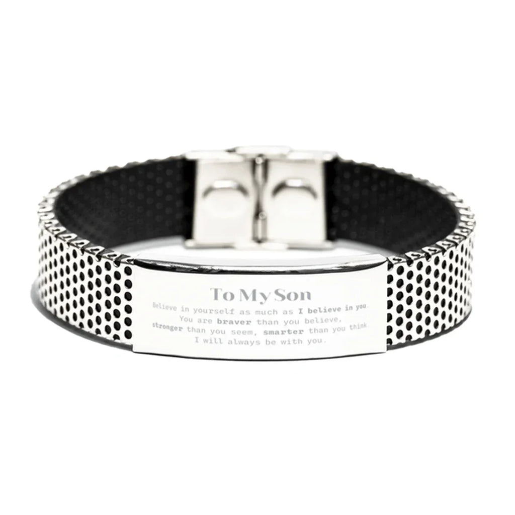 Son Stainless Steel Bracelet Gifts, To My Son You are braver than you believe, stronger than you seem, Inspirational Gifts For Son Engraved, Birthday, Christmas Gifts For Son Men Women