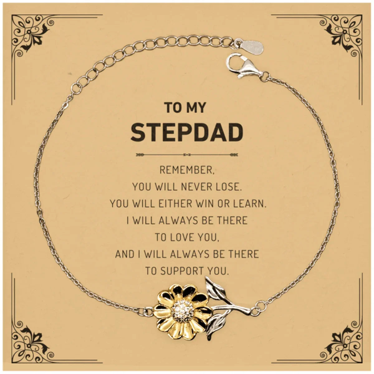 Stepdad Gifts, To My Stepdad Remember, you will never lose. You will either WIN or LEARN, Keepsake Sunflower Bracelet For Stepdad Card, Birthday Christmas Gifts Ideas For Stepdad X-mas Gifts