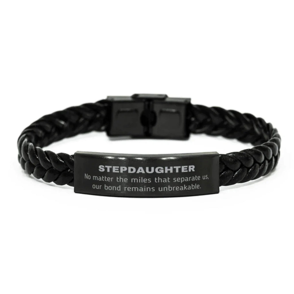 Stepdaughter Long Distance Relationship Gifts, No matter the miles that separate us, Cute Love Braided Leather Bracelet For Stepdaughter, Birthday Christmas Unique Gifts For Stepdaughter