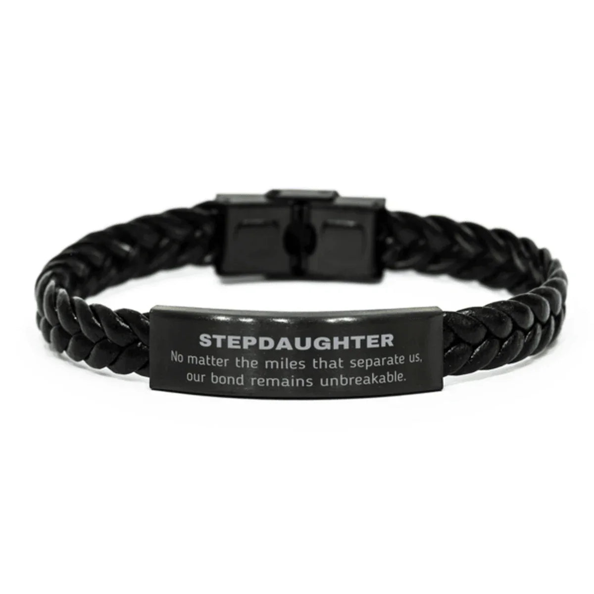 Stepdaughter Long Distance Relationship Gifts, No matter the miles that separate us, Cute Love Braided Leather Bracelet For Stepdaughter, Birthday Christmas Unique Gifts For Stepdaughter