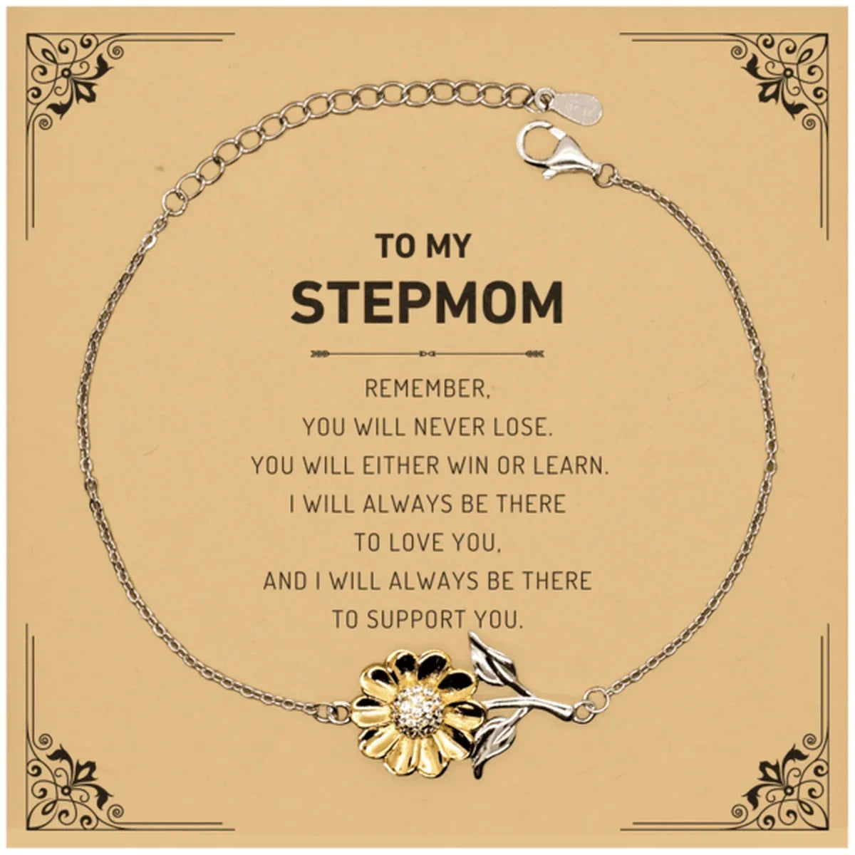 Stepmom Gifts, To My Stepmom Remember, you will never lose. You will either WIN or LEARN, Keepsake Sunflower Bracelet For Stepmom Card, Birthday Christmas Gifts Ideas For Stepmom X-mas Gifts