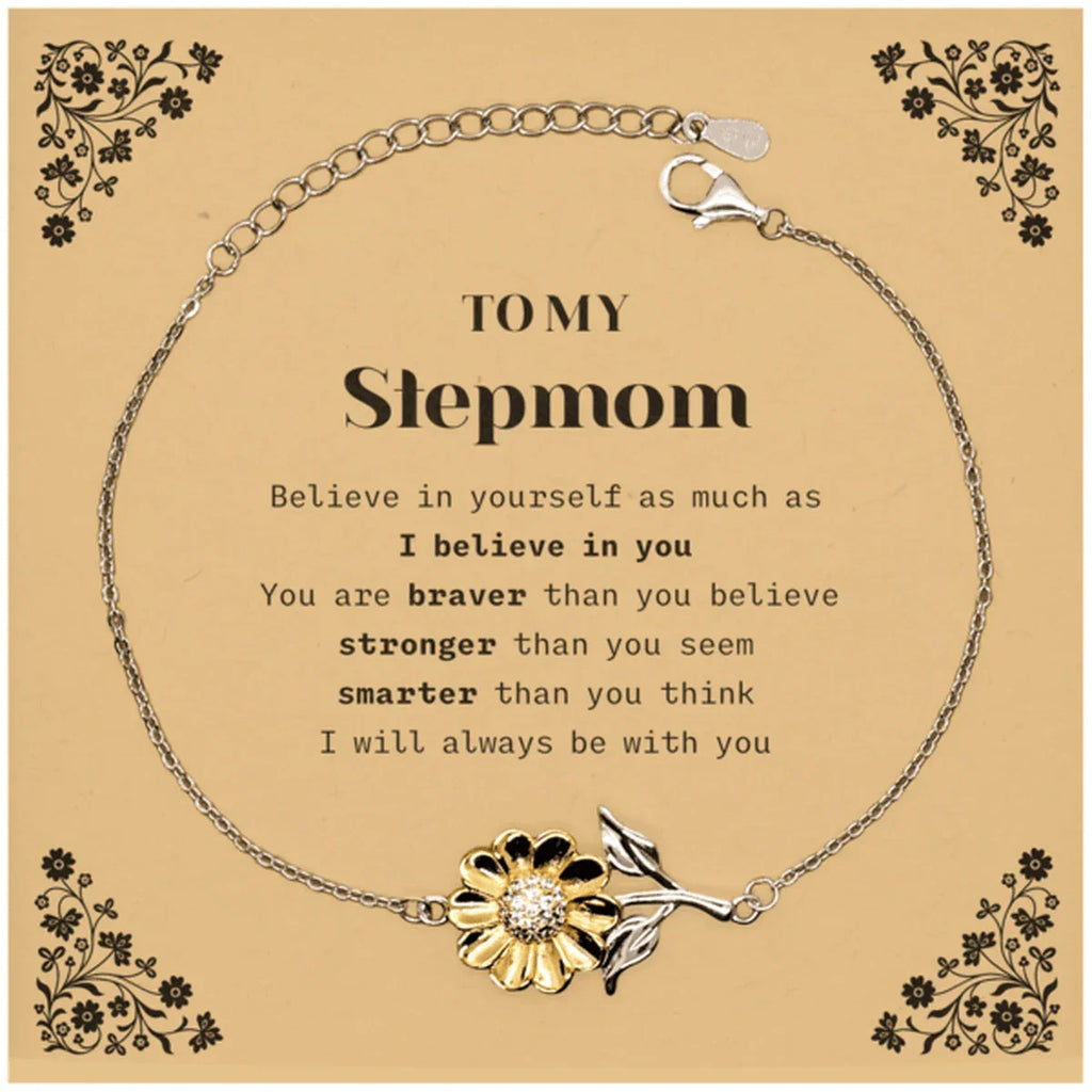 Stepmom Sunflower Bracelet Gifts, To My Stepmom You are braver than you believe, stronger than you seem, Inspirational Gifts For Stepmom Card, Birthday, Christmas Gifts For Stepmom Men Women