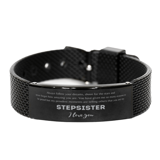 Stepsister Black Shark Mesh Engraved Bracelet - Always Follow your Dreams - Birthday, Christmas Holiday Jewelry Gift - Mallard Moon Gift Shop