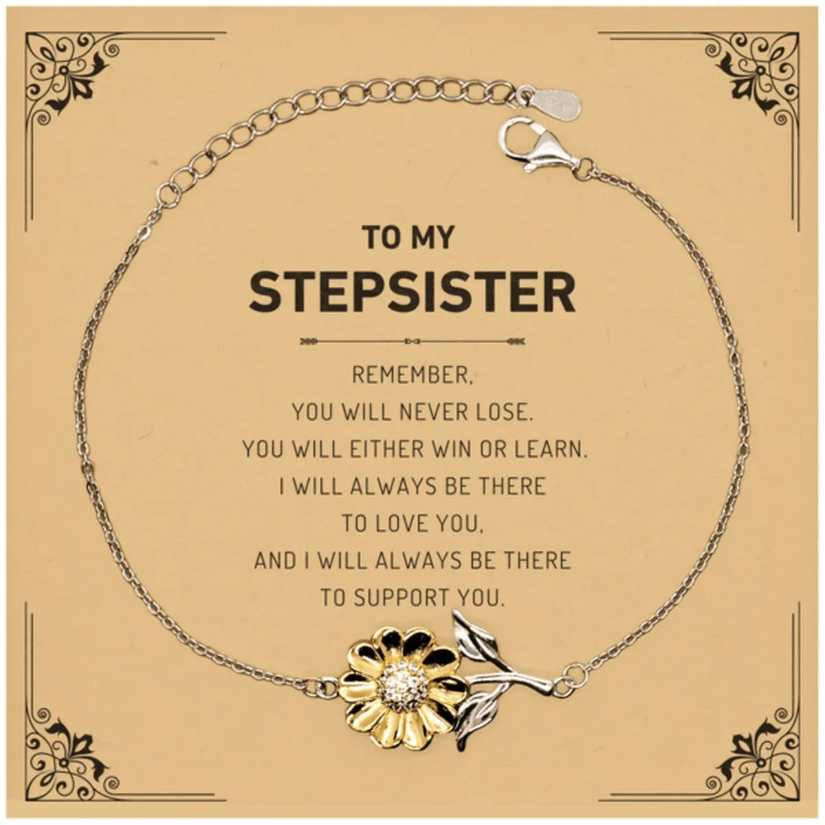 Stepsister Gifts, To My Stepsister Remember, you will never lose. You will either WIN or LEARN, Keepsake Sunflower Bracelet For Stepsister Card, Birthday Christmas Gifts Ideas For Stepsister X-mas Gifts