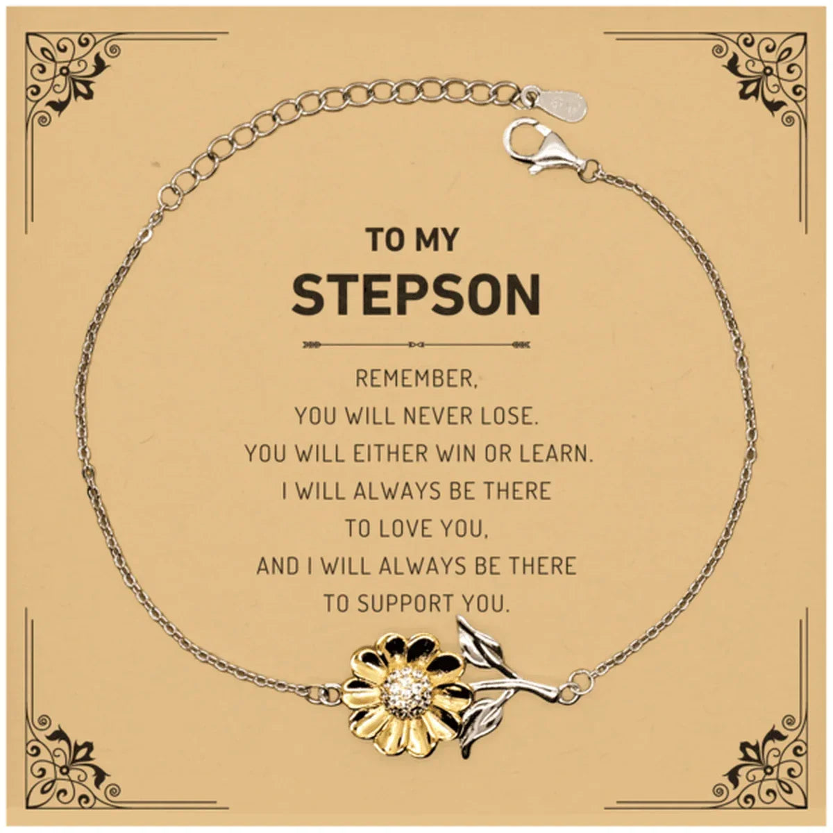Stepson Gifts, To My Stepson Remember, you will never lose. You will either WIN or LEARN, Keepsake Sunflower Bracelet For Stepson Card, Birthday Christmas Gifts Ideas For Stepson X-mas Gifts